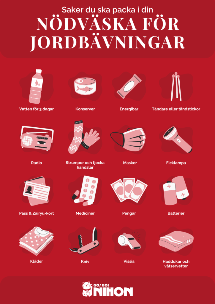 Infografik om vad du ska packa i din nödutrustning för jordbävningar