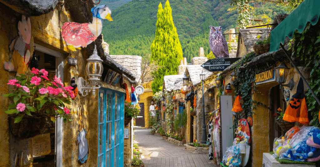 picturesque street with famous stories on the shops in yufuin