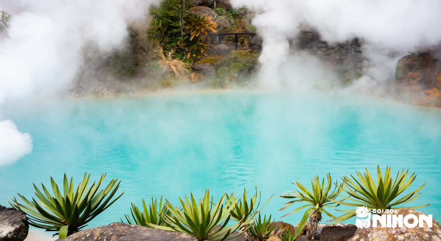 vivre à oita : Onsen à Beppu avec de la vapeur s’échappant d’une eau bleue, entouré de plantes vertes à l’avant et à l’arrière-plan