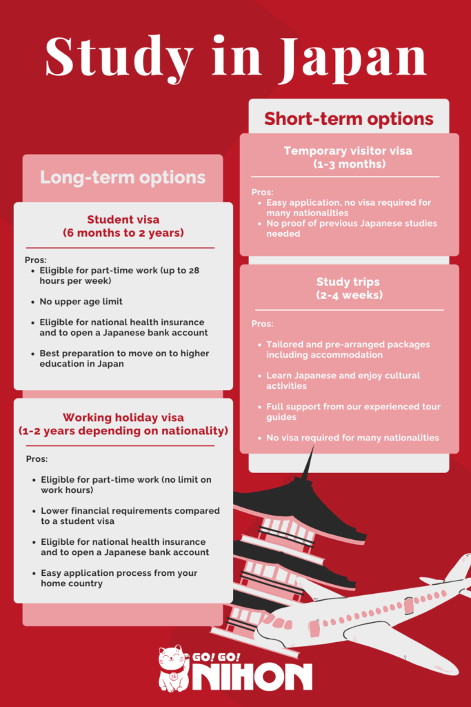 Short and long term options to study in Japan infographic.