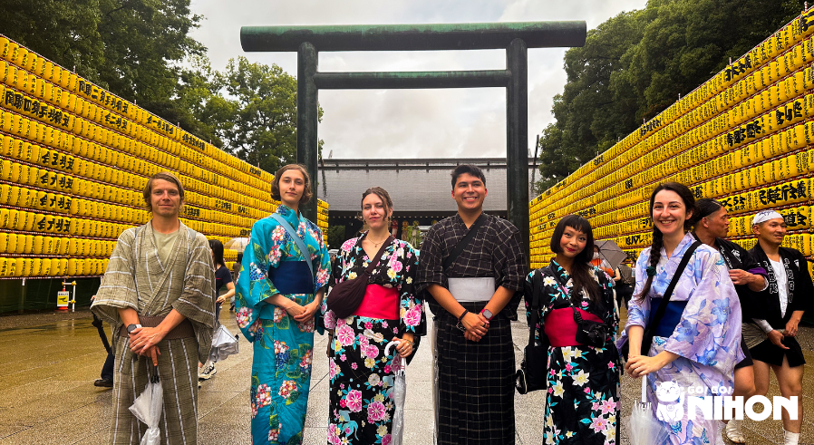group of study trippers dressed in yukata at an obon festival