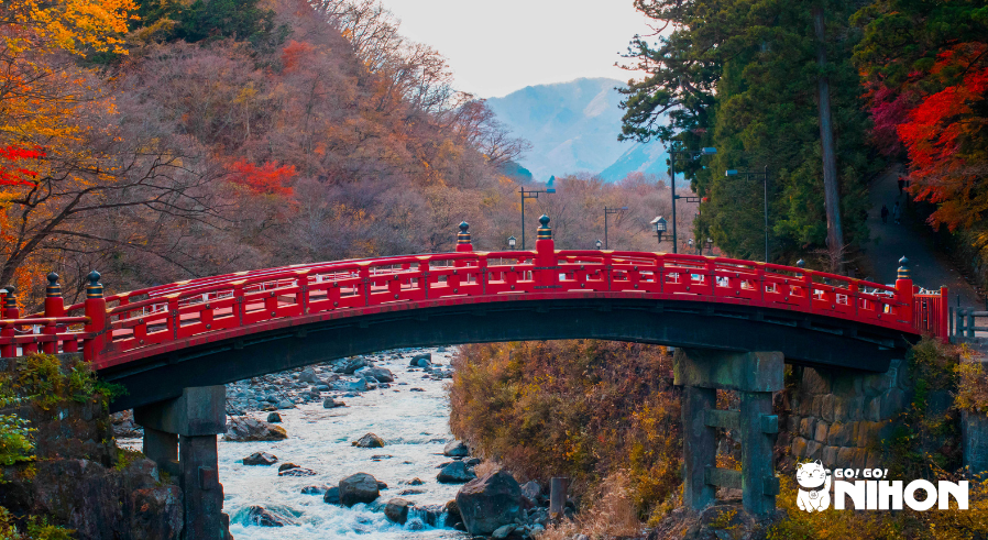 ponte rosso giapponese di nikko in mezzo alle foglie rosse