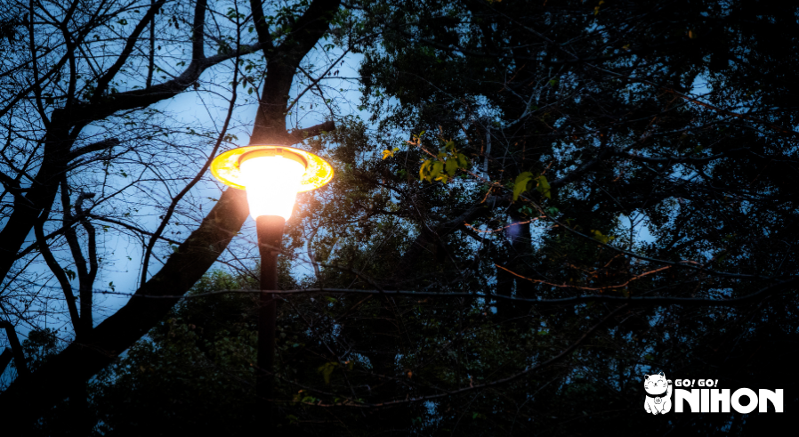 haunted lamp post light in toyama park at twilight