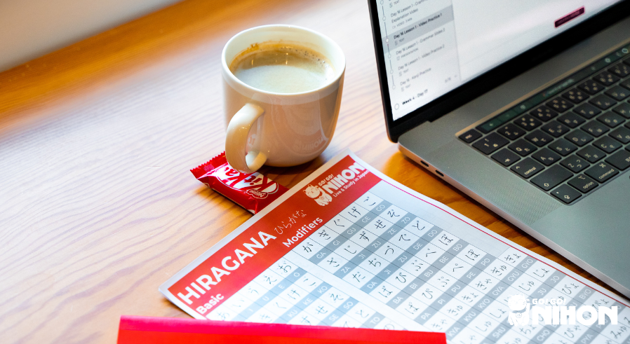 Coffee, Hiragana practice sheet, and laptop on desk.