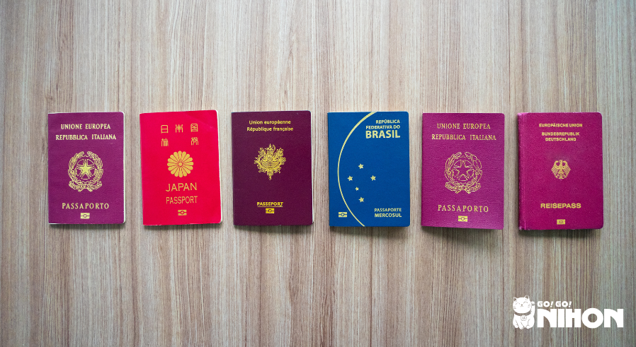 Italian, Japanese, French, Brazilian, Italian, and German passports in a row