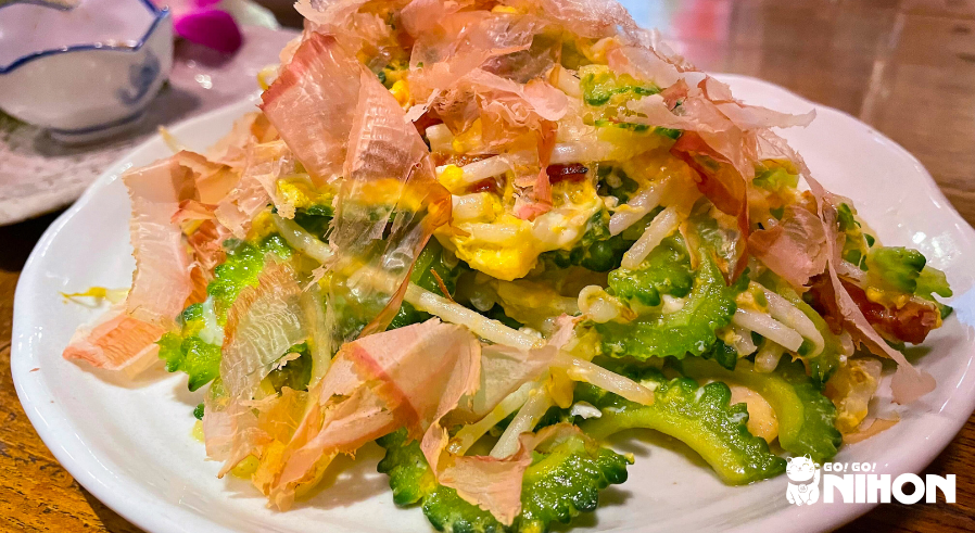 Goya champura on a plate, regional Japanese food from Okinawa