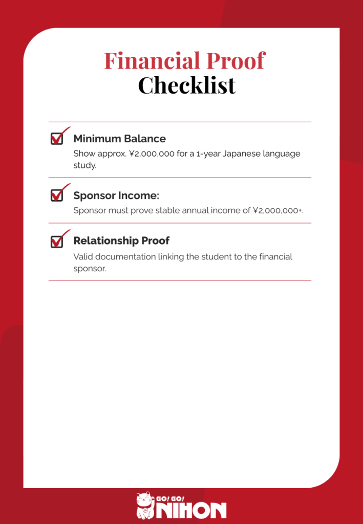 Checklist of financial and academic requirements for a Japanese student visa.
