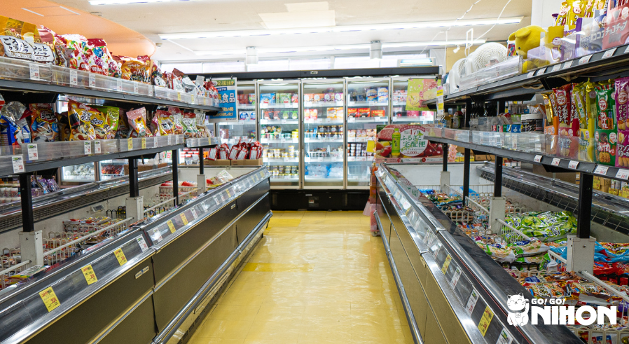 The freezer section of a convenience store