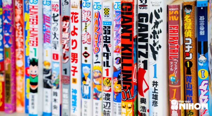 A variety of different manga books on a bookshelf that can be used to practice Japanese outside of Japan