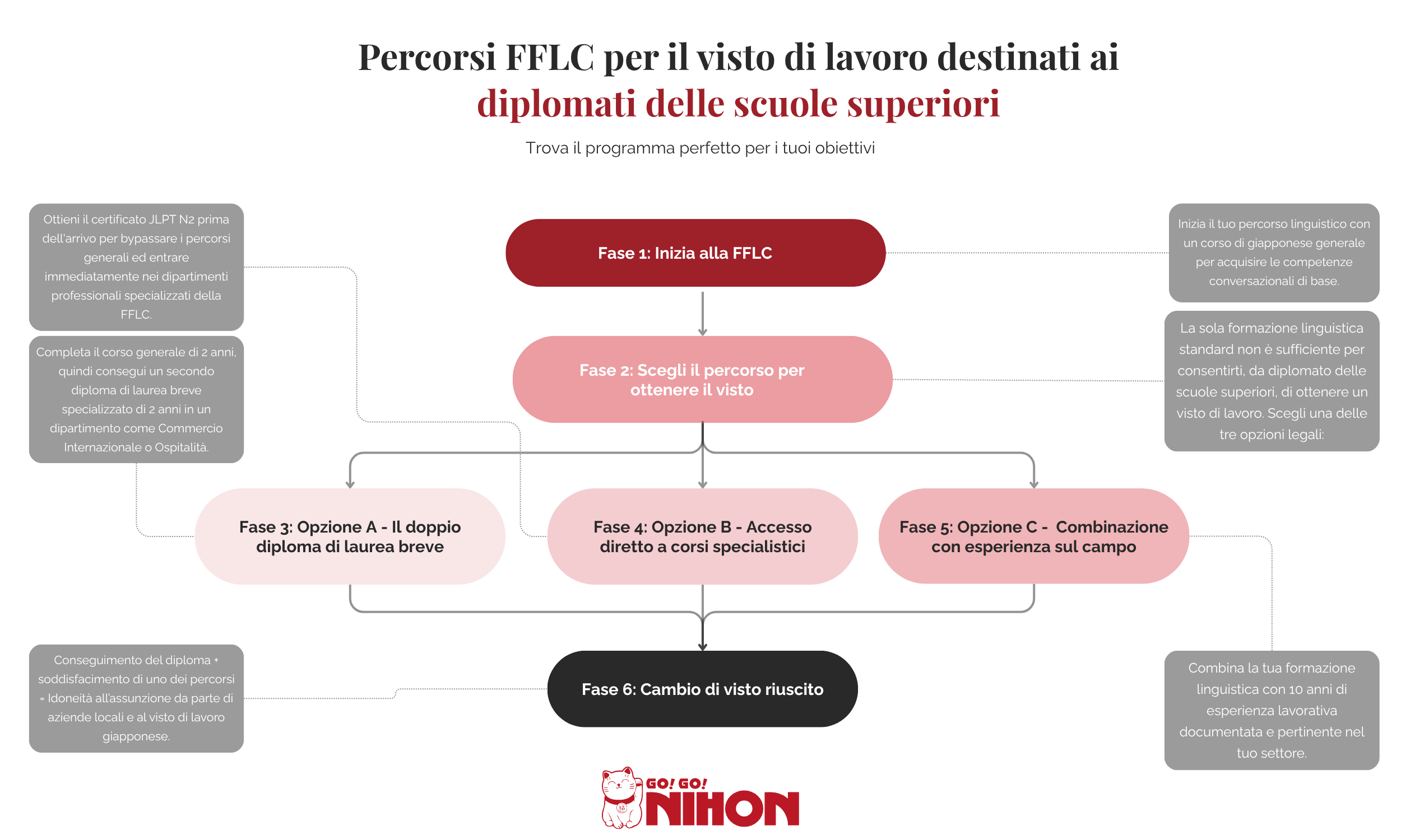 Diagramma di flusso relativo al visto di lavoro presso le migliori scuole di lingua giapponese in Giappone per lo sviluppo professionale.